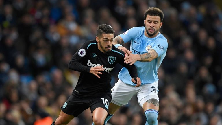 West Ham's Manuel Lanzini and Manchester City defender  Kyle Walker battle for possession