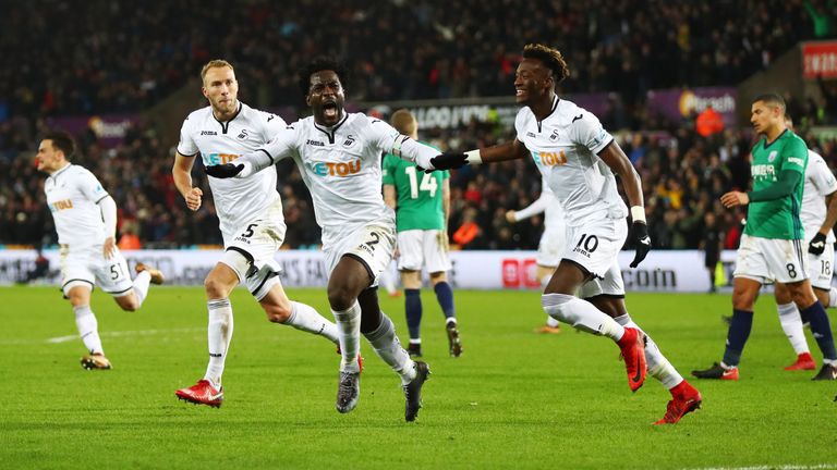 Wilfried Bony celebrates his winner for Swansea