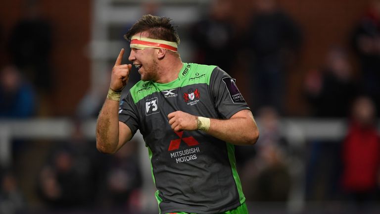Will Safe celebrates after scoring Gloucester's fifth try against Zebre