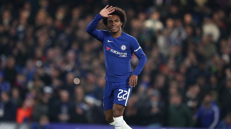 LONDON, ENGLAND - DECEMBER 20:  Willian of Chelsea celebrates after scoring his sides first goal during the Carabao Cup Quarter-Final match between Chelsea