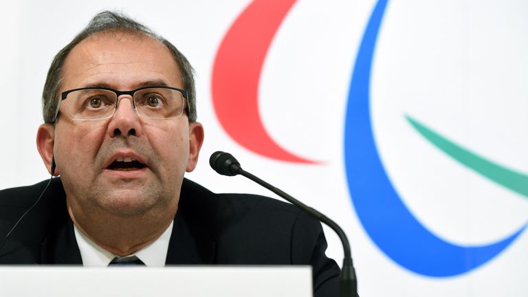 Chief Executive Officer of the International Paralympic committee (IPC) Xavier Gonzalez speaks during a press conference after the first project review mee