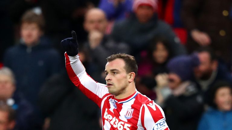 STOKE ON TRENT, ENGLAND - DECEMBER 02:  Xherdan Shaqiri of Stoke City celebrates after scoring his sides first goal during the Premier League match between