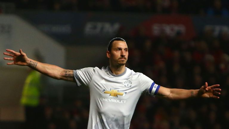 Manchester United's Swedish striker Zlatan Ibrahimovic celebrates scoring the team's first goal during the English League Cup quarter-final football match 