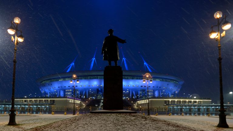 Monument to Soviet Union-era political leader Sergei Kirov outside Krestovsky stadium in St Petersburg. To be used at the 2018 World Cup.