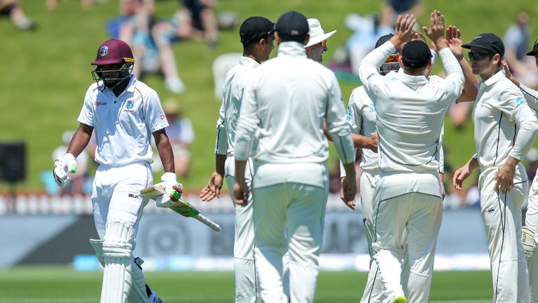 Sunil Ambris departs the field of play after making nought on his Test debut