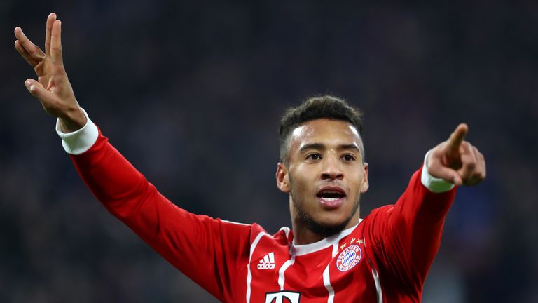 Corentin Tolisso celebrates after his second goal put Bayern 3-1 up