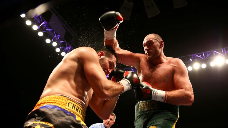 LONDON, ENGLAND - FEBRUARY 28:  Tyson Fury (green shorts) on his way to victory over Christian Hammer in a Heavyweight Contest by singing 'Elvis' at the O2