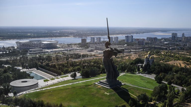 August 22, 2017: The Mamayev Kurgan WWII memorial complex with The Motherland Calls statue in Volgograd, Russia. To be used at the 2018 World Cup.