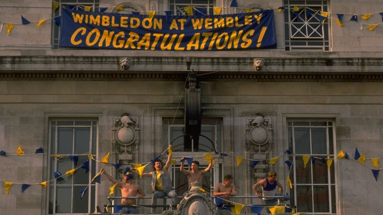 May 1988:  Wimbledon fans celebrate their victory after the FA Cup final against Liverpool at Wembley Stadium in London. Wimbledon won the match 1-0. \ Man
