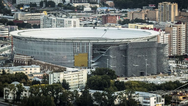 A photo taken on August 19, 2017 shows the Yekaterinburg Arena football stadium under renovation work ahead of the 2018 World Cup.