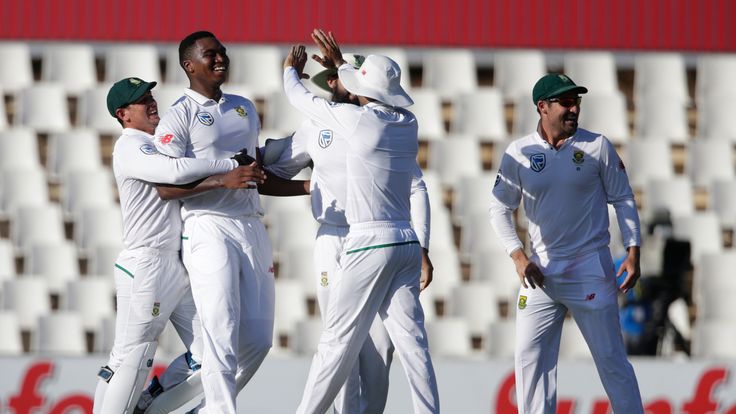 South Africa's Lungi Ngidi (2nd from L) celebrates the dismissal of India batsman and captain Virat Kohli (not in picture) during day four of the 2nd Test
