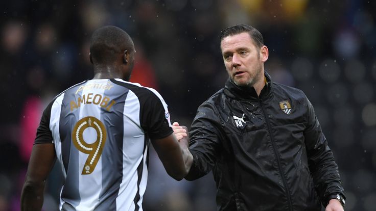 NOTTINGHAM, ENGLAND - OCTOBER 07:  Kevin Nolan of Notts County congratulates Shola Ameobi after the Sky Bet League Two match between Notts County and Fores