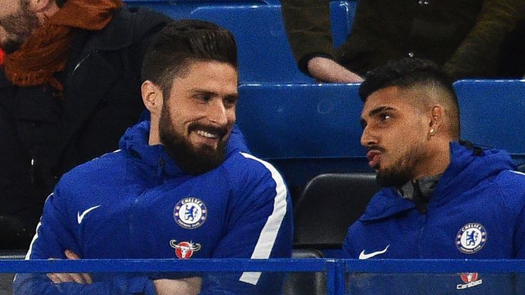 Newly-signed Chelsea players Olivier Giroud and Emerson Palmieri speak during the pre match build-up at Stamford Bridge