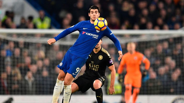 Chelsea striker Alvaro Morata controls the ball during the English Premier League football match against Leicester City at Stamford Bridge