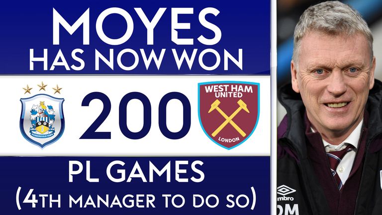 David Moyes earned his 200th Premier League victory as West Ham won 4-1 at Huddersfield