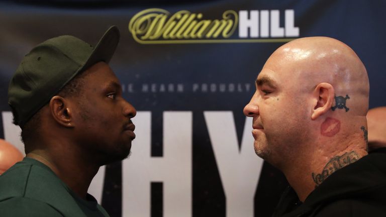 LONDON, ENGLAND - JANUARY 18:  Dillian Whyte (L) and Lucas Browne face-to-face during a press conference for their heavyweight fight at Trinity House on Ja