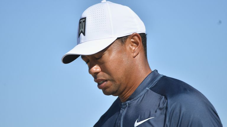 Tiger Woods reacts during the second round of the Farmers Insurance Open at Torrey Pines North on January 26, 2018 in San Diego
