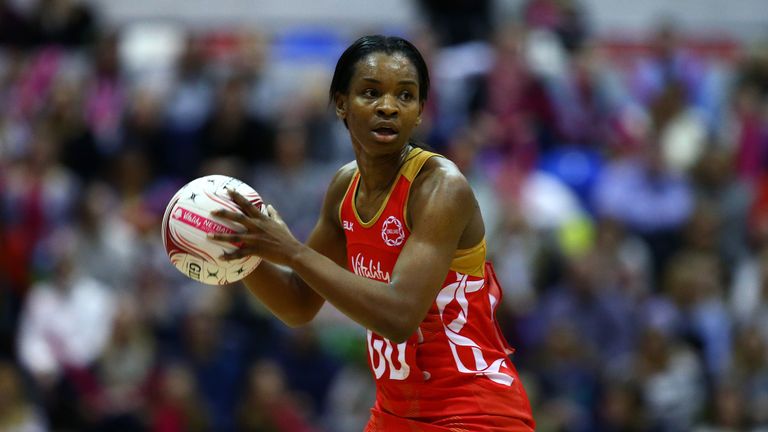 Jodie Gibson playing for the England netball team against Malawi last November