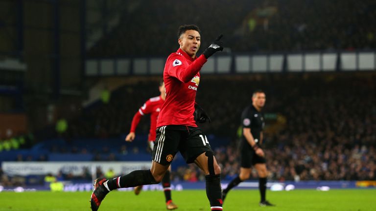 Jesse Lingard of Manchester United celebrates after he scores his side's second goal against Everton