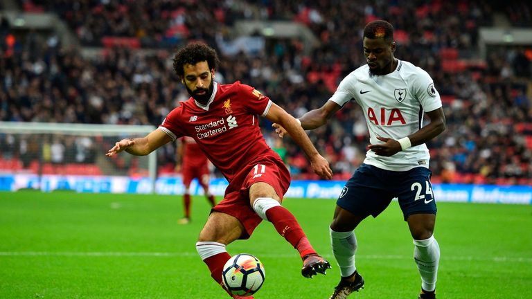 Liverpool's Mohamed Salah vies with Tottenham's Serge Aurier in the Premier League match at Wembley in October 2017