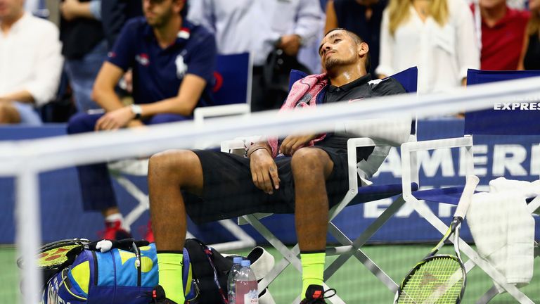 NEW YORK, NY - SEPTEMBER 01:  Nick Kyrgios of Australia shows his emotions as he takes a rest between sets during his first round match against Andy Murray