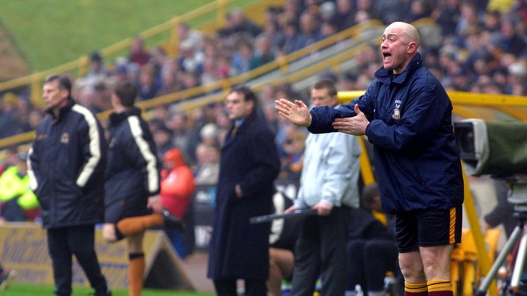16 Feb 2002:  Nicky Law, Manager of Bradford City watches his side lose 3-1 in the Nationwide League Division One against Wolverhampton Wanderers