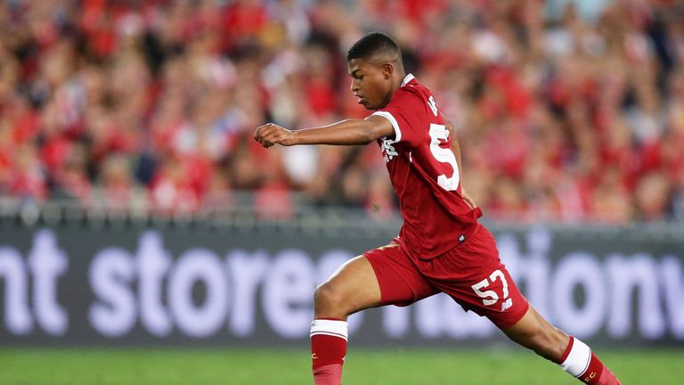 Rhian Brewster playing for Liverpool against Sydney FC while on tour in Australia