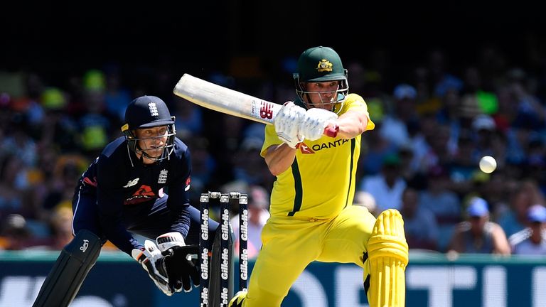 Aaron Finch of Australia plays a shot during game two of the One Day International series between Australia and England 