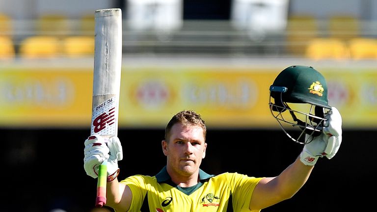Aaron Finch of Australia celebrates scoring a century during game two of the One Day International series between Australia