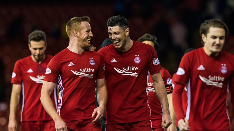 Aberdeen's Scott McKenna and Adam Rooney celebrate the 3-1 win over Kilmarnock