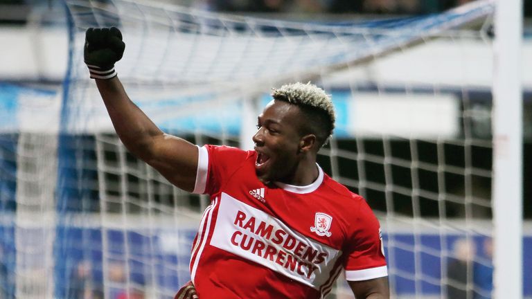Adama Traore celebrates scoring his side's third goal during the Sky Bet Championship match between QPR and Middlesbrough