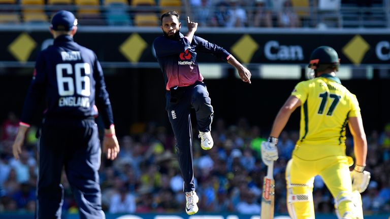 Adil Rashid of England celebrates taking the wicket of Marcus Stoinis of Australia during game two of the ODI