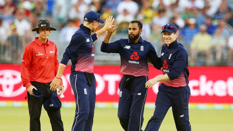 Adil Rashid of England celebrates a wicket during game five of the One Day International match between Australia and England