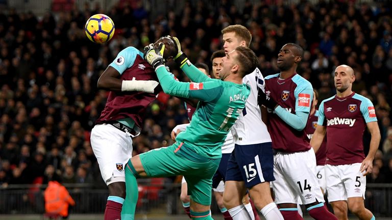 LONDON, ENGLAND - JANUARY 04:  Adrian and Cheikhou Kouyate of West Ham United get in a tangle during the Premier League match between Tottenham Hotspur and