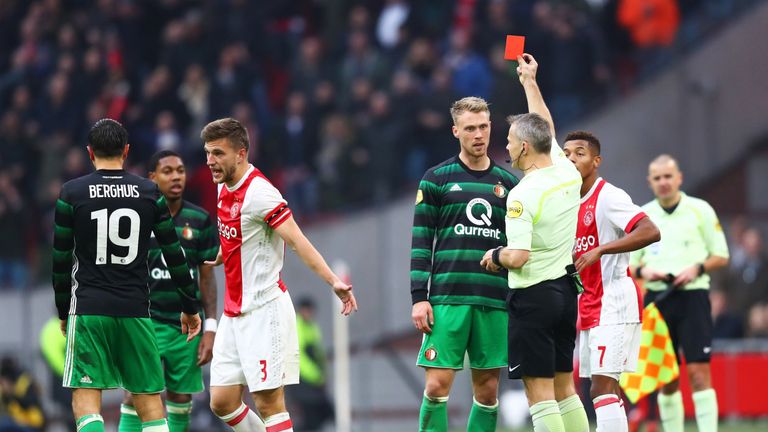AMSTERDAM, NETHERLANDS - JANUARY 21:  Nicolai Jorgensen of Feyenoord is shown a red card and is sent off by referee Bjorn Kuipersduring the Dutch Eredivisi