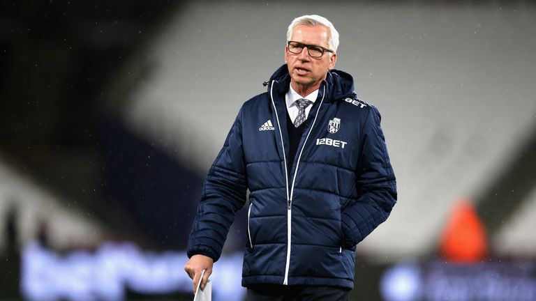 Alan Pardew, Manager of West Bromwich Albion looks on prior to the Premier League match between West Ham United and West Brom
