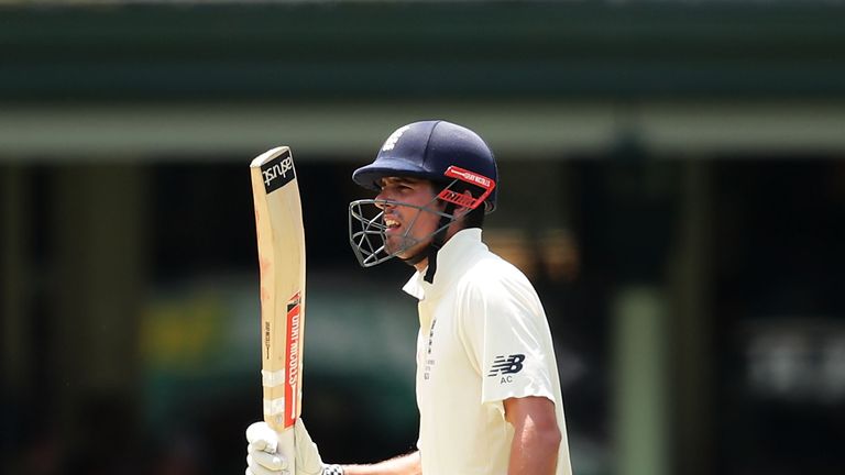 Alastair Cook of England acknowledges the crowd after scoring 12,000 Test runs during day four of the Fifth Test