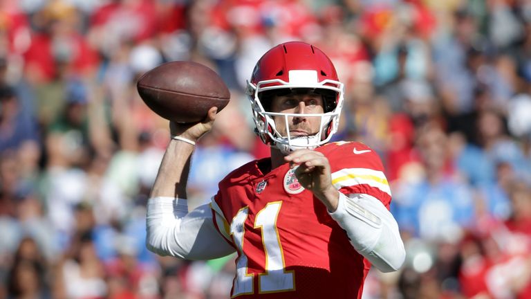 CARSON, CA - SEPTEMBER 24: Quarterback Alex Smith #11 of the Kansas City Chiefs drops back to pass against the Los Angeles Chargers during the second half 