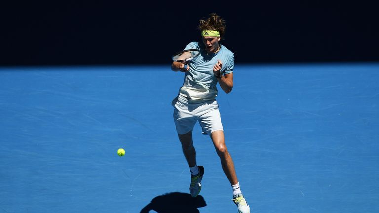 MELBOURNE, AUSTRALIA - JANUARY 16:  Alexander Zverev of Germany plays a forehand smash in his first round match against Thomas Fabbiano of Italy on day two