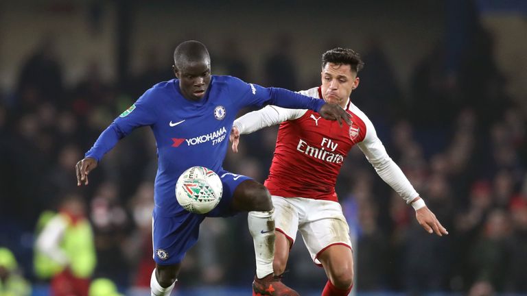 Chelsea's N'Golo Kante (left) and Arsenal's Alexis Sanchez battle for the ball during the Carabao Cup Semi Final, First Leg match at Stamford Bridge, Londo