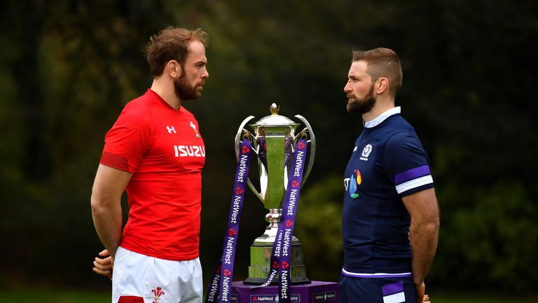 LONDON, ENGLAND - JANUARY 24:  Alun Wyn Jones of Wales and John Barclay of Scotland pose with throphy during the 6 Nations Launch at the Hitlon on January 