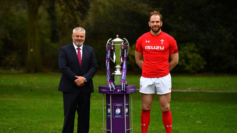 LONDON, ENGLAND - JANUARY 24:  (L-R)  Warren Gatland, Head Coach of Wales and Alun Wyn Jones of Wales pose with the trophy during the 6 Nations Launch even