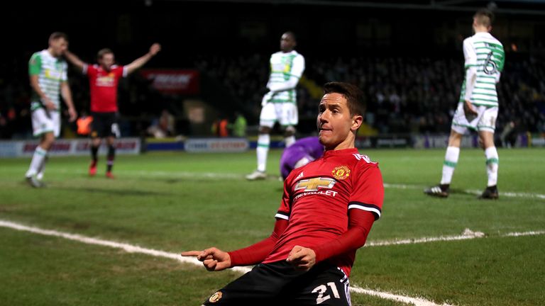 Manchester United's Ander Herrera celebrates scoring his side's second goal of the game during the Emirates FA Cup, fourth round match at Huish Park, Yeovi