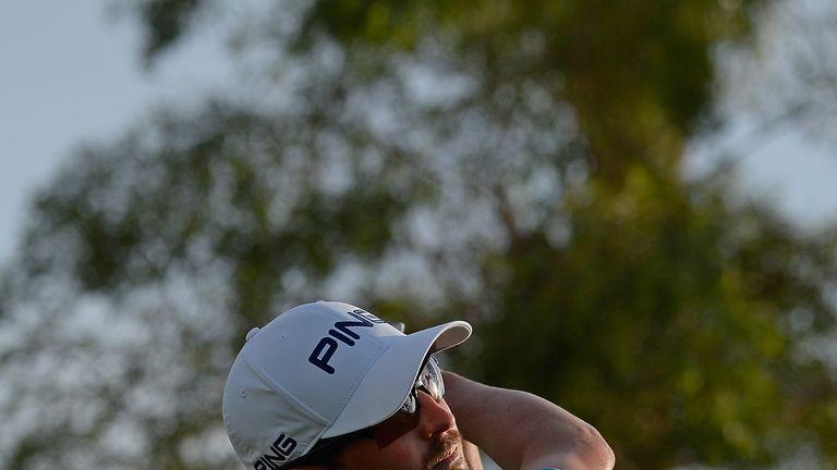 Andrew Landry plays his shot from the 18th tee during the second round of the CareerBuilder Challenge 