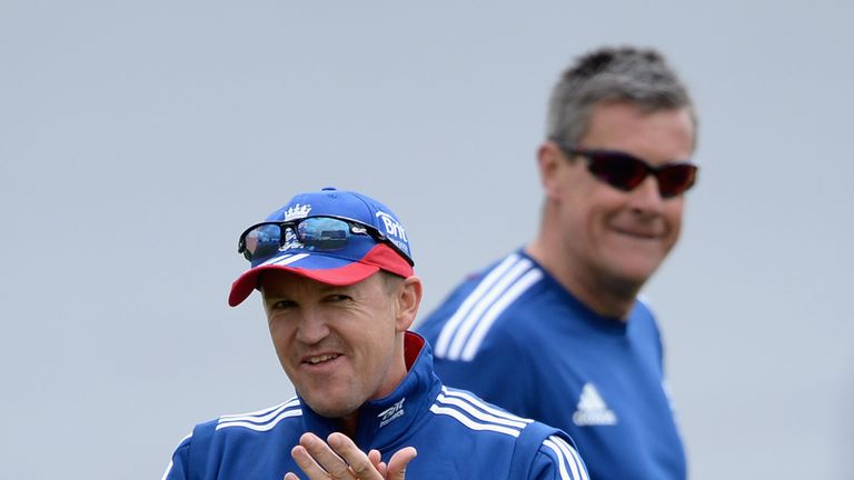 LEEDS, ENGLAND - MAY 22:  England coach Andy Flower with limited overs coach Ashley Giles during a nets session at Headingley on May 22, 2013 in Leeds, Eng