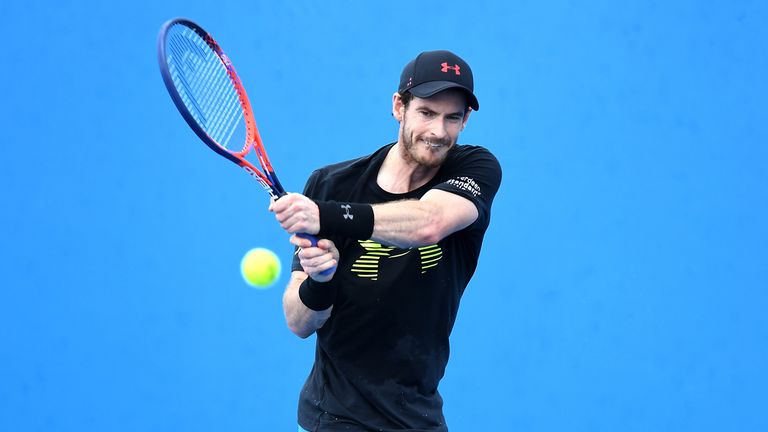 Andy Murray of Great Britain plays a backhand in a warm-up session during day one at the 2018 Brisbane International
