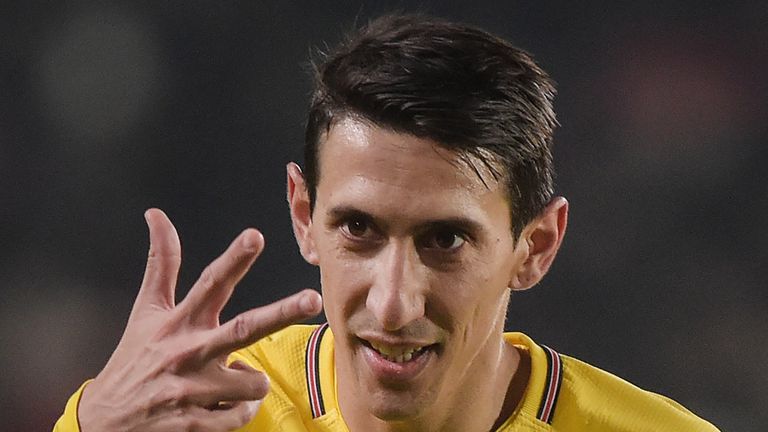 Angel Di Maria celebrates after scoring during the French Cup match between Rennes and PSG