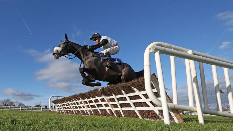 Another Barney ridden by Robbie Power jumps the last to win The I.N.H. Stallion Owners EBF Maiden Hurdle during Winter Ladies Day at Naas Racecourse. PRESS