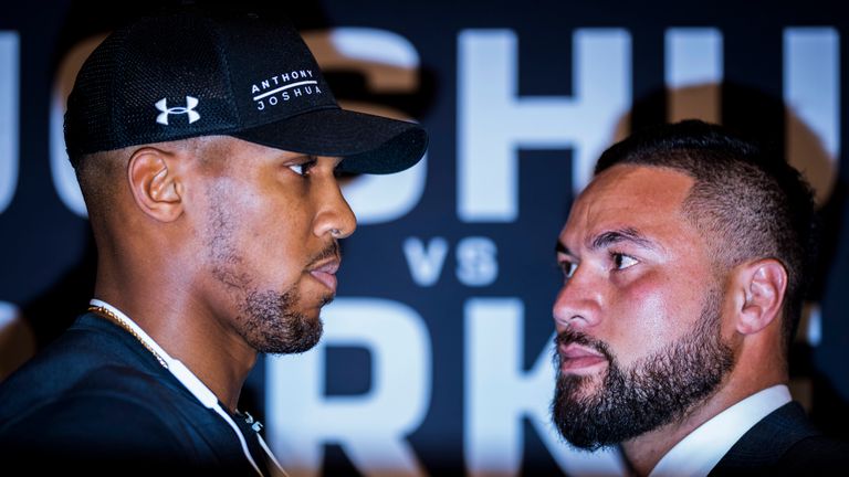Anthony Joshua and Joseph Parker face off during a press conference at the Dorchester Hotel
