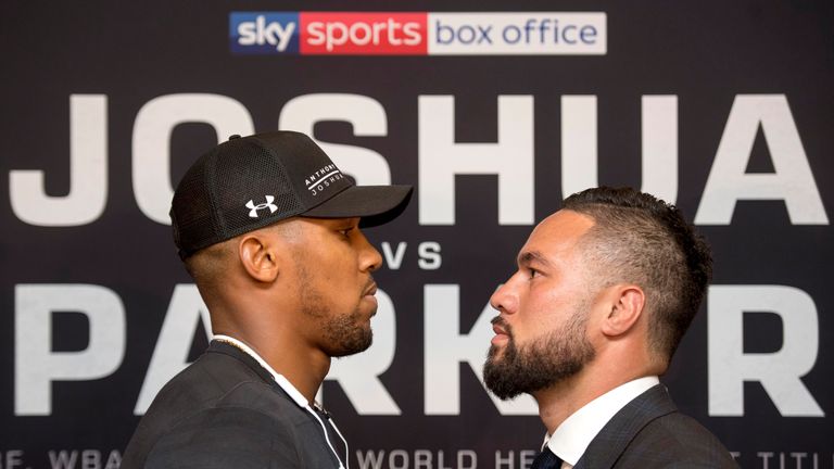 Anthony Joshua and Joseph Parker face each other for a photo during the press conference at the Dorchester Hotel
